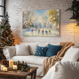 Pond Skating Joy - Kids Ice Skating on a Frozen Pond, Snowy Nature Landscape Vintage Oil Painting Artwork, Winter Farmhouse Wall Art Decor