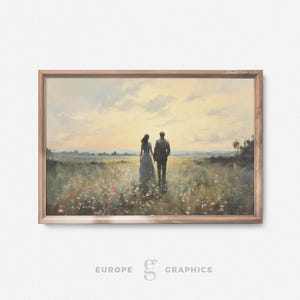Twilight Walk - Love Couple in a Color Field Vintage Oil Painting, Decorative Wall Art, Girlfriend Gift Ideas, Gift for Her, Canvasprint