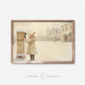 Christmas Wish Mailing- Kid Sending Christmas Wish List at a Post Mail Box, Snowy Landscape Vintage Oil Painting, Winter Famhouse Wall Decor