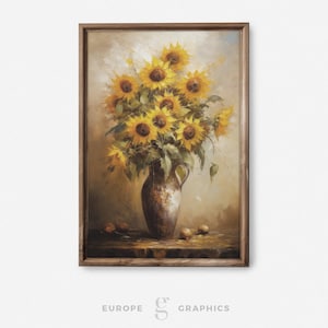 Bouquet of Sunflowers in a Vase Vintage Oil Painting, Sunflower Painting, Living Room Wall Art, Flower Vase Painting, Still Life Painting