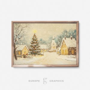 Christmas Town Glow - Winter City Scene, Snowy Landscape Vintage Oil Painting Artwork, Canvas Wall Art, Christmas Tree Farmhouse Decor