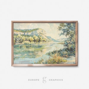 Verdant Waters - River Landscape Vintage Oil Painting, Nature Wall Art, Peaceful Calm Artwork, Farmhouse Decor, Countryside Canvasprint