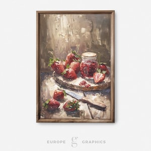 Strawberry Delight - Strawberry Still Life Vintage Oil Painting Artwork, Farmhouse Wall Decor, Living Room Wall Art, Still Life Art, Canvas
