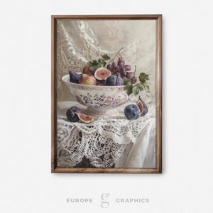 Elegant Display - Fruit Bowl Still Life Vintage Oil Painting Artwork, Rustic Farmhouse Decor, Living Room Wall Art, House Warming Gift