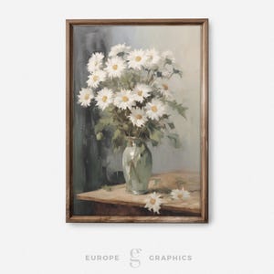 White Daisies in a Vase Vintage Oil Painting, Living Room Wall Art, Still Life Painting, Daisy Painting, Decorative Wall Art, Canvasprint