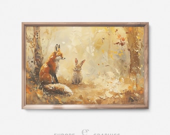 Forest Companions - Fox and Rabbit Landscape Vintage Oil Autumn Painting, Wildlife Artwork, Nature Canvas Wall Art, Farmhouse Decor