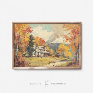 Autumn Home - Farmhouse  Landscape Vintage Oil Painting, Nature Artwork, Living Room Wall Art, Farmhouse Decor, Peaceful Calm Art, Canvas