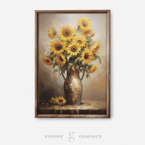 花瓶に入ったひまわりの花束、ヴィンテージ油絵、ひまわりの絵、リビングルームの壁アート、花瓶の絵、静物画