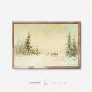 Winter Forest Deer - Winter Forest Deer Scene, Snowy Landscape Vintage Oil Painting Artwork, Canvas Wall Art, Christmas Farmhouse Decor