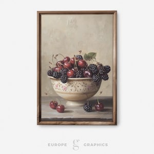 Insieme di bacche - Fruttiera vintage, dipinto a olio, regalo di inaugurazione della casa, arredamento rustico, decorazione da parete per soggiorno, natura morta di frutta, tela
