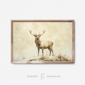 Majestic Winter Deer - Deer Wildlife Animals Winter Scene, Snowy Landscape Vintage Oil Painting Artwork, Canvas Wall Art, Farmhouse Decor