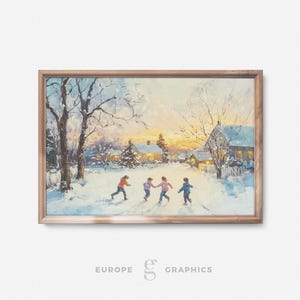 Winter Village Play - Kids Playing in Snow, Snowy Landscape Vintage Oil Painting Artwork, Christmas Farmhouse Wall Art, Canvas Wall Decor