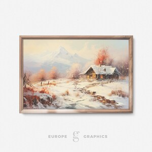 Winter&#39;s Glow - Snowy Landscape Oil Painting, Mountain Artwork, Vintage Oil Painting, House Warming Gift, Snow Painting, Canvasprint
