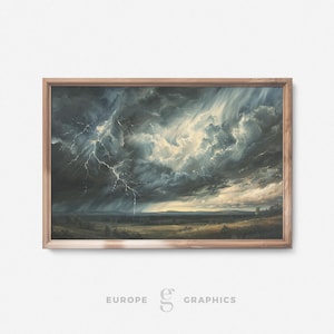 Storm Unleashed Skies - Thunderstorm Landscape Vintage Oil Painting, Sky Artwork, Dark Rain Painting, Living Room Wall Art, Canvasprint