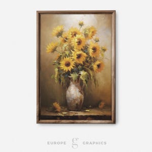 Sunflowers in a Vase Vintage Oil Painting, Sunflower Painting, Living Room Wall Art, Flower Vase Painting, Still Life Painting, Canvasprint
