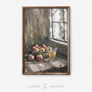 Window Apples - Apple Still Life Vintage Oil Painting Artwork, Rustic Farmhouse Decor, Living Room Wall Art, House Warming Gift, Canvasprint