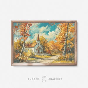 Autumn Chapel Serenity - Church Landscape Vintage Oil Painting, Christian Artwork Gift, Farmhouse Decor, Religious Canvas Wall Art