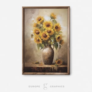 Bouquet of Sunflowers in a Vase Vintage Oil Painting, Sunflower Painting, Living Room Wall Art, Flower Vase Painting, Still Life Painting