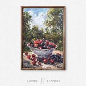 Berry Harmony - Fruit Bowl Still Life Vintage Oil Painting Artwork, Farmhouse Wall Decor, Living Room Art, Canvasprint, Fruit Painting