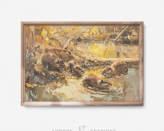 Stream Beavers - Beaver Family Landscape Vintage Oil Autumn Painting, Wildlife Artwork, Nature Canvas Living Room Wall Art, Farmhouse Decor