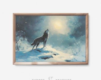 Moonlit Wolf Howl - Howling Wolf Snowy Landscape Vintage Oil Painting Artwork, Xmas Living Room Decor, Christmas Winter Farmhouse Wall Art