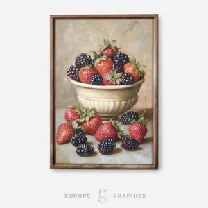Berry Delight - Fruit Bowl Vintage Oil Painting Artwork, House Warming Gift, Farmhouse Decor, Living Room Wall Art, Fruit Still Life, Canvas