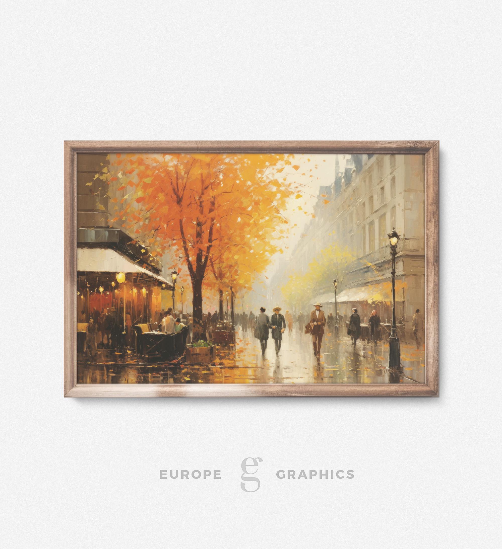 Café Autumn - Old City Street Oil Painting, City Landscape