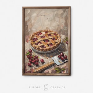 Pie Palette - Cherry Pie Still Life Vintage Oil Painting Artwork, Farmhouse Decor, Living Room Wall Art, Food Painting, Canvasprint