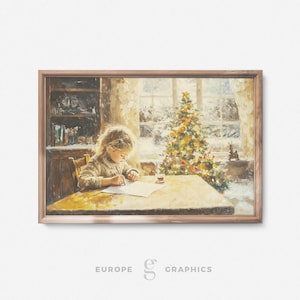 Christmas Wish List- Kid Girl Writing Christmas Wish List, Cozy Room Christmas Tree Vintage Oil Painting Artwork, Living Room Wall Art Decor