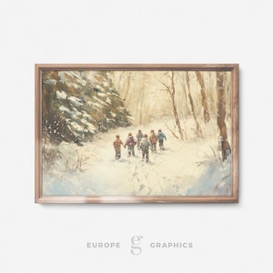 Snowy Playtime Trek - Kids Playing in a Snow Forest, Snowy Landscape Vintage Oil Painting Artwork, Winter Famhouse Decor, Christmas Wall Art