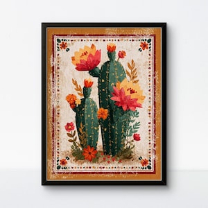 Mexican Folk Art Cactus Print: Floral Embroidery Style, Boho Kitchen Decor