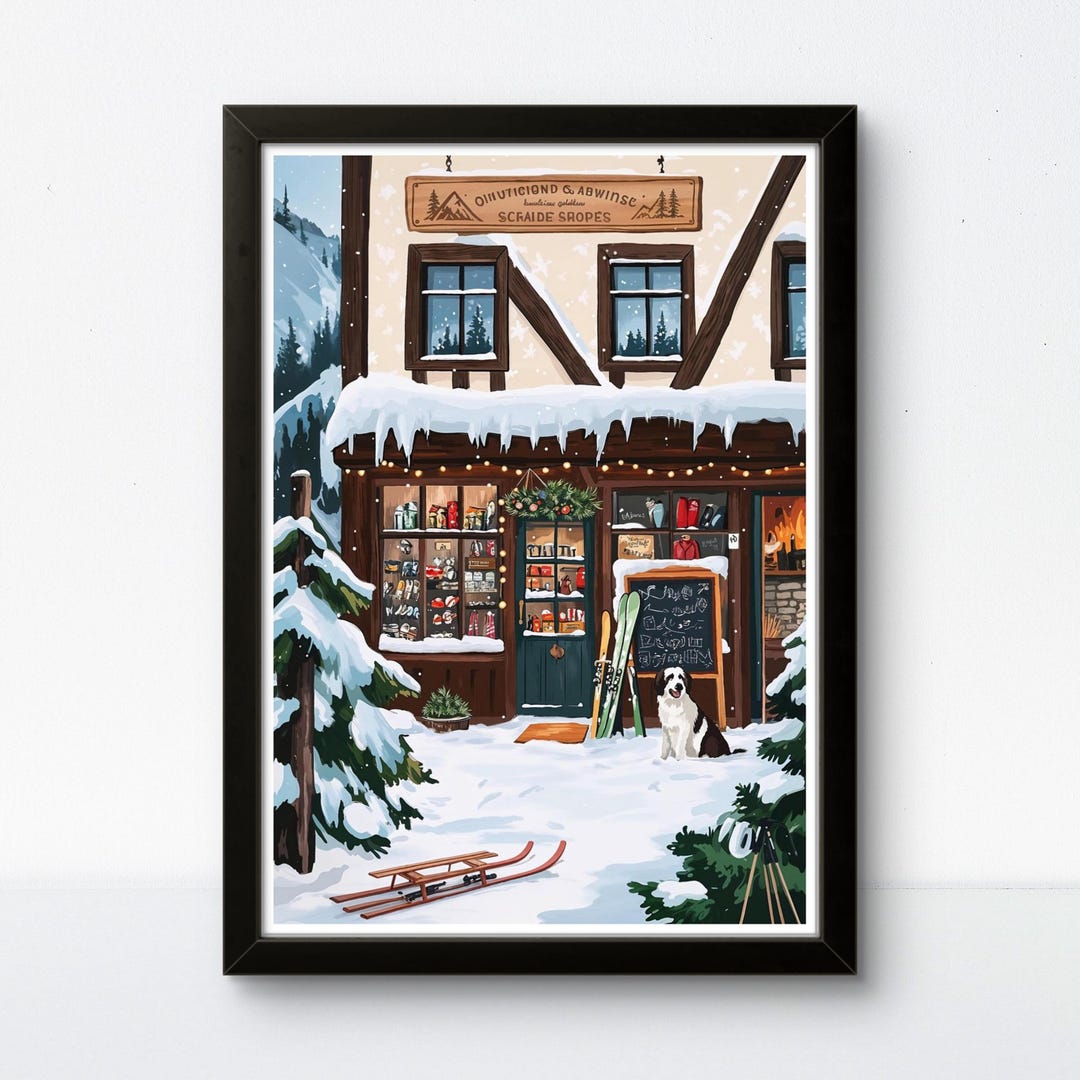 Ski Lodge Poster, Alpine Chalet Wall Art, Snowy Cabin Print, Winter ...