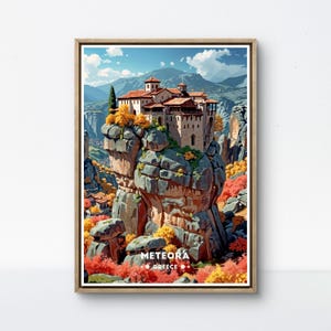 Meteora Vintage Poster | Greece Monastery Art | Iconic Cliffside Scenery Wall Decor | Meteora travel poster