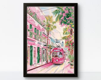 Pinke Strassenbahn Kunstdruck, New Orleans Illustration