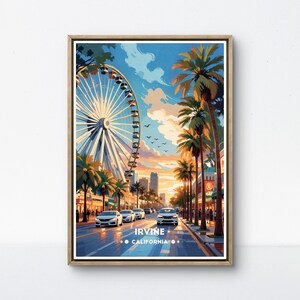 Poster di Irvine, stampa della città della California, arte di Irvine Spectrum, scena di ruota panoramica retrò, decorazione urbana con palme, arte murale di Irvine