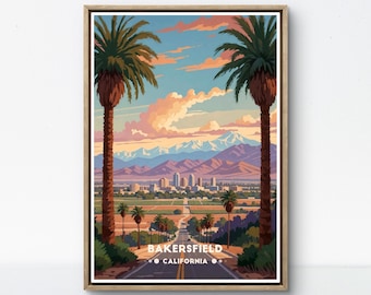 Póster de Bakersfield, California: Lámina artística con vista retro a la montaña.