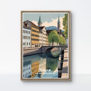 Zurich Switzerland Vintage Poster, Scenic Wall Art of Limmat River, European Cityscape Print for Home and Office Decor