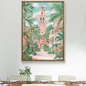 Lámina artística de Palm Beach: Torre del reloj de Worth Avenue, escena tropical rosa.