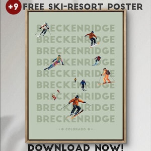 Breckenridge Colorado skiing poster winter sports wall art, modern ski print downloadable decor gift