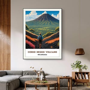 Volcano Hiking Poster – Adventurer in Nature, Majestic Volcano Landscape, Outdoor Exploration Decor