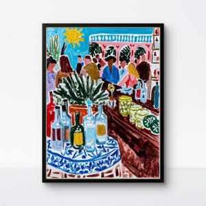 Mexican Fiesta Terrace – Vibrant Naive Art Poster, Colorful Cantina Print, Matisse-Style Mexican Celebration
