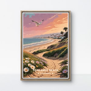 Poster di Torrance Beach, arte costiera della California, stampa di Sunset Beach, arte murale con vista sull'oceano, scena di Seagull Beach, poster di Floral Coast