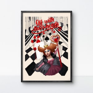 Poster Regina di Cuori - Arte murale gotica Alice nel Paese delle Meraviglie, citazione "Via la Testa", stampa di una fiaba oscura, decorazione con carte da gioco rosse e nere