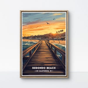 Poster di Redondo Beach, stampa del molo della California, arte della spiaggia al tramonto, decorazione da parete di Redondo, vista oceano retrò, scena costiera SoCal, poster della costa occidentale