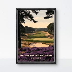 Póster del antiguo campo de golf de Walton Heath, Inglaterra, arte del campo de golf, póster de golf de Heath, impresión de viaje vintage, decoración de pared de golf enmarcada, regalo