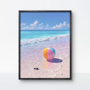 Póster de pelota de playa, arte de pared de verano, impresión costera, arte de playa pastel, decoración colorida, póster del océano, impresión de playa retro, playa de habitación infantil