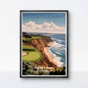 Poster del golf di Torrey Pines, stampa artistica del golf costiero della California, decorazione murale iconica per la casa o l'ufficio, regalo per gli amanti del golf e dei viaggi