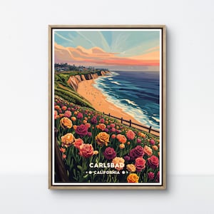Poster di Carlsbad, arte della costa della California, decorazione murale di un campo di fiori, stampa di una spiaggia al tramonto, poster di un paesaggio costiero, arte con vista sull'oceano
