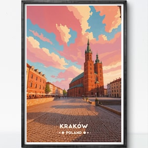 Kraków Poland Poster – St. Mary&#39;s Basilica, Historic Old Town, Vintage Travel Art Print