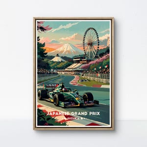 May include: A green and black race car speeds around a track with a Ferris wheel and Mount Fuji in the background. The text "JAPANESE GRAND PRIX SUZUKA" is printed below the car.